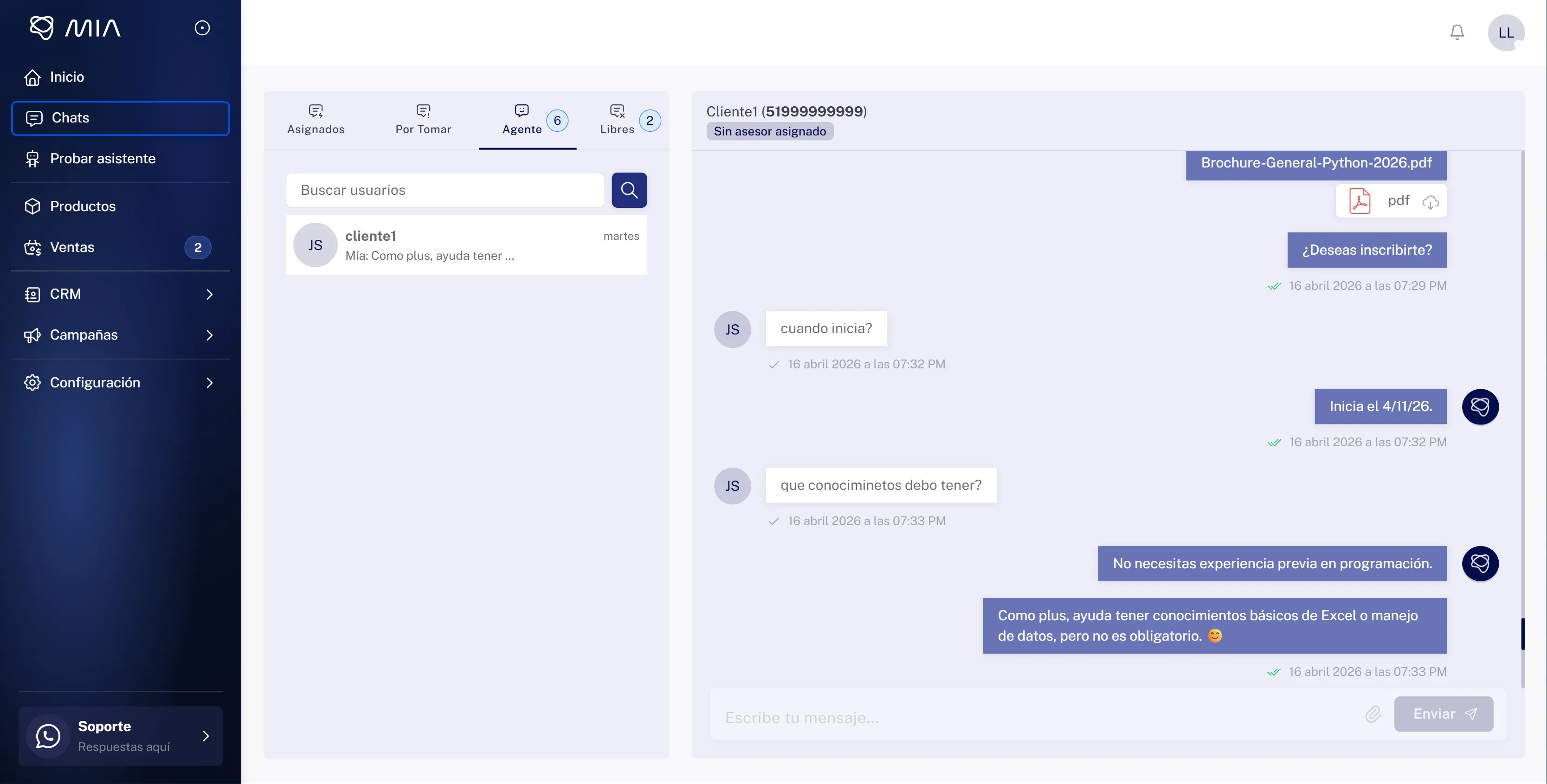Imagen de la app de MIA mostrando el panel de control con métricas y gráficos.